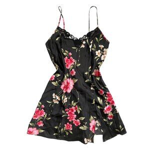 Bay Studio Sleepwear Floral Lace Trim Bow Satin Mini Slip Dress Black S Coquette